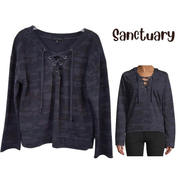 Sanctuary Tops - SANCTUARY Black Navy & Gray Camouflage Lace-Up Sweatshirt  - Women's M